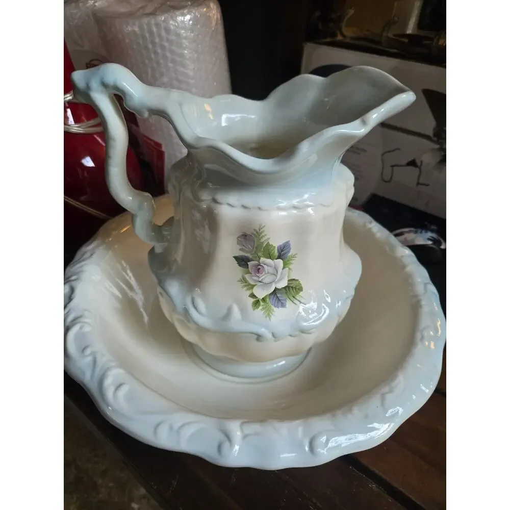 Vintage Mary Ceramic Pitcher & Wash Basin Set White Floral Roses Victorian Style